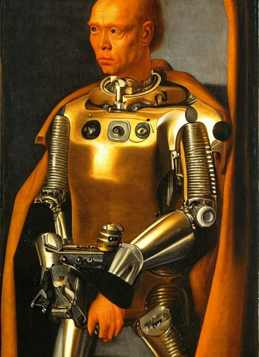 Prompt: a portrait of the Terminator by Jan van Eyck