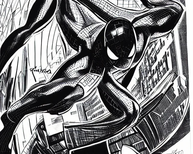 Image similar to photorealistic sketch of black spider - man with gold webbing by steve ditko