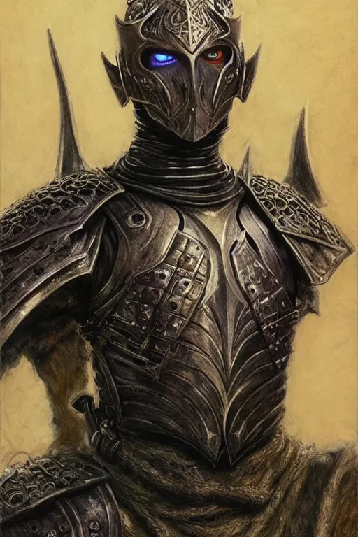 Image similar to head and shoulders portrait of an eldritch knight, drow, dark elf, shadar kai, male, breastplate, magical, high fantasy, d & d, by donato giancola, face details, extremely detailed, vogue fashion photo