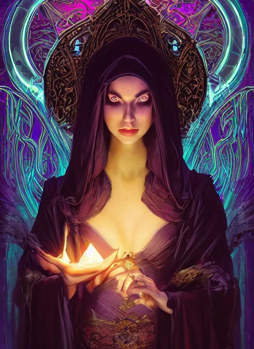 Image similar to book cover, front portrait, dark witch with black hood and evil eyes, realism, soft, smooth, luminescent, art nouveau tarot, backlit glow, colorful swirly ripples, gaudy colors, aesthetic octane render, unreal engine, 8 k, by artgerm, greg rutkowski, alphonse mucha