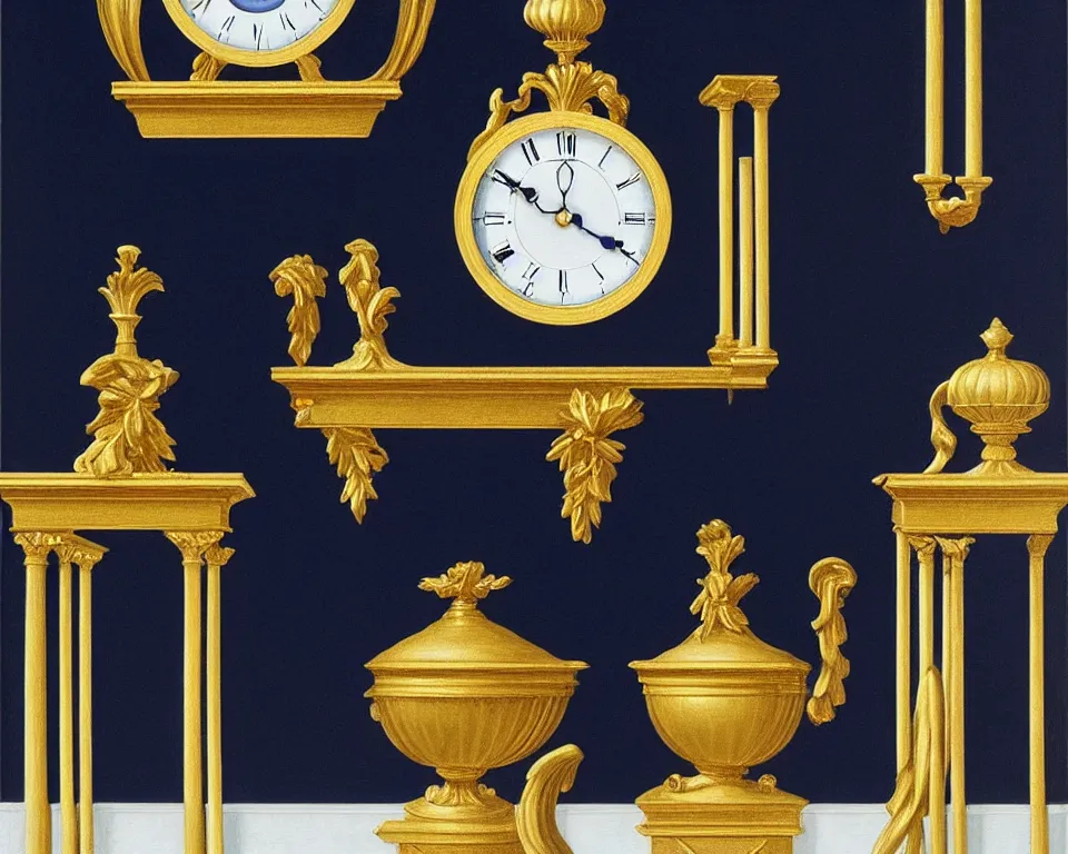 Prompt: an achingly beautiful print of gold clocks and marble corinthian capitals on a navy blue wall by Raphael, Hopper, and Rene Magritte. detailed, romantic, enchanting, trending on artstation.