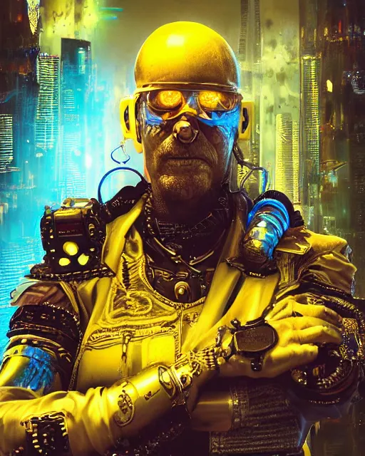 Prompt: an intimate portrait of a gnarly human cyberpunk captain, old skin, mohican, charming, strong leader, metal eye piece, a look of cunning, big smile, detailed matte fantasy painting, golden cityscape, lasers, sparks, yellow and blue and cyan
