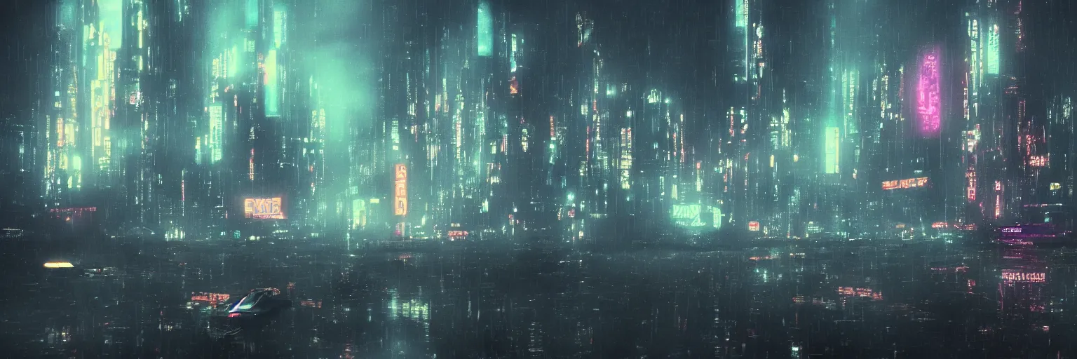 Prompt: The sky above the port was the color of television, tuned to a dead channel. In the style of Blade Runner, CyberPunk.
