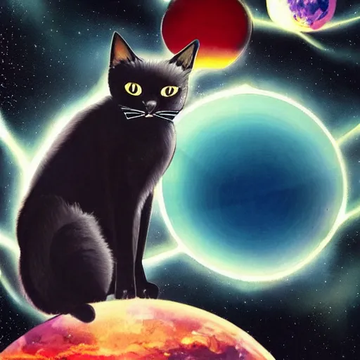 Image similar to black cat in space suit in style of Art Deco, retrofuturism, 4k, hyper realistic, incredible details,