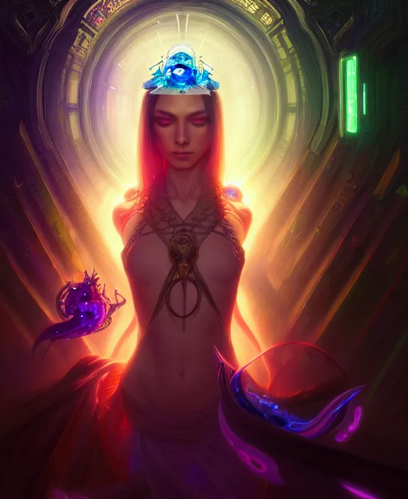 Image similar to a whirlwind of souls rushing inside the metaverse, half body, glowin eyes, tiara with sapphire, pharaoh, android, cyberpunk, d & d, fantasy, intricate, elegant, highly detailed, colorful, vivid color, digital painting, artstation, concept art, art by artgerm and greg rutkowski and alphonse mucha and ruan jia