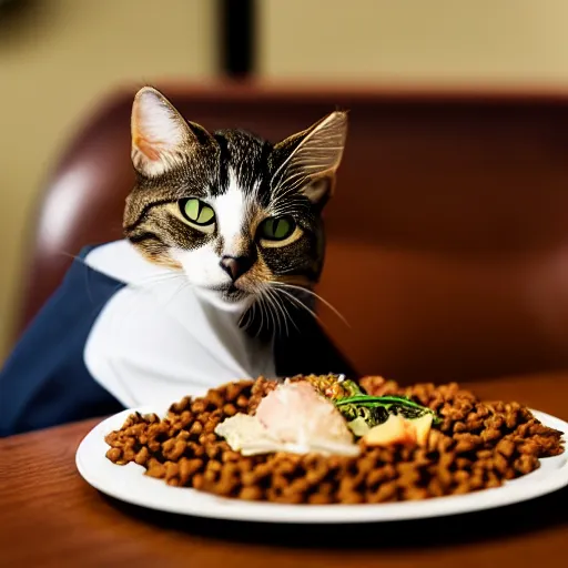 Prompt: A photo of a cat wearing a suit sitting in a fancy and expensive gourmet restaurant and eating a plate of cat food. f/2.8, dim lighting, award winning photo