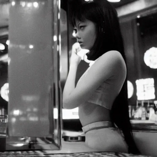 Prompt: a girl leaning against the counter in a night club staring at the camera, photograph by Wong Kar-wai and Quentin Tarantino