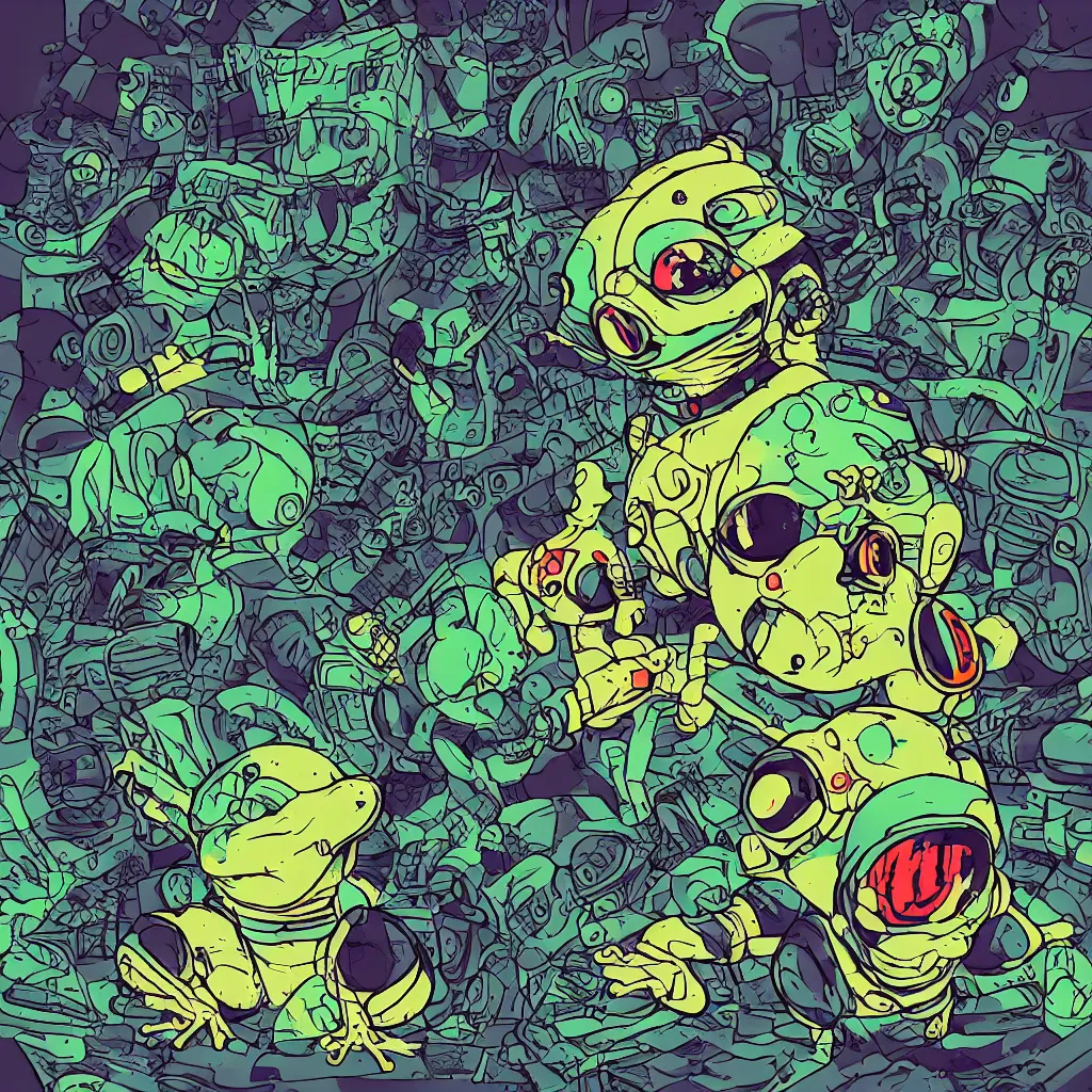 Prompt: toad head, ryuta ueda artwork, breakcore, style of jet set radio, y 2 k, gloom, space, cel - shaded art style, frogs, amphibians, sacred geometry, data, minimal, code, cybernetic, dark, eerie, cyber