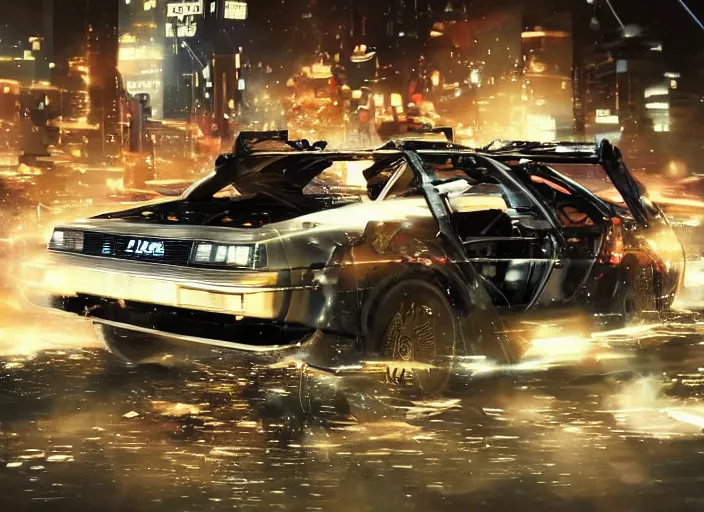 Image similar to a cyberpunk delorean breaking the space - time continuum, energy and time particles, dramatic framing, movie footage, 8 k