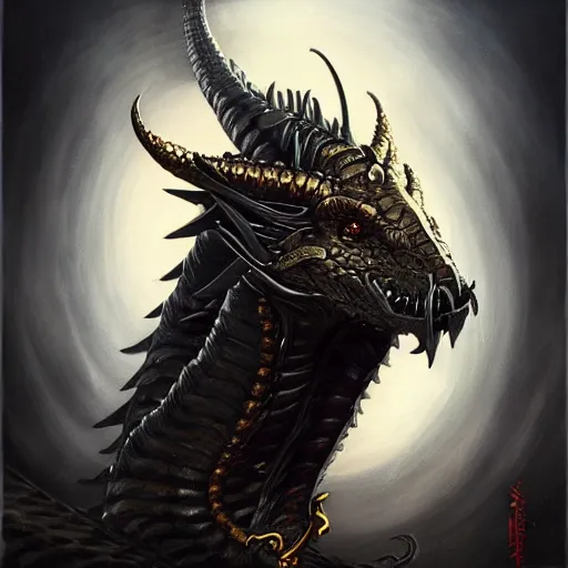 Prompt: emblem of black dragon on a gold metallic dragon emblem, by artgerm, tom bagshaw, gerald brom, moody vibe, goth vibe, 4 k, hd,