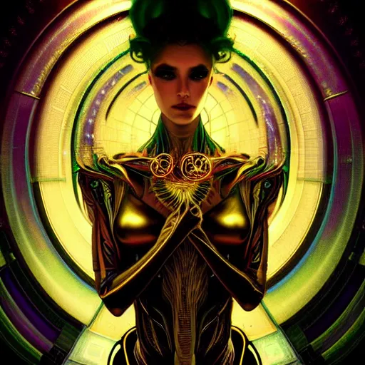 Image similar to extremely psychedelic beautiful cyborg viral queen infected by night. intricate, elegant, highly detailed, extremely lifelike photorealistic digital painting, artstation. steichen, gaston bussiere, tom bagshaw, brutalist cyberpunk alphonse mucha. elegant minimalism. anatomically correct. sharp focus. gold, black accents. surreal lush cosmic hallucination