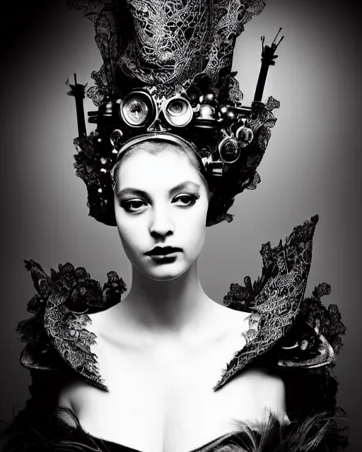 Image similar to a black and white high quality dreamy photo of a young beautiful female queen-silver dragon-vegetal-flower-cyborg black lace veiled bust with a very long steampunk cyborg neck, elegant, highly detailed, poetic, soft, dreamy, mysterious, high fashion, in the style of Horst P. Horst, Metropolis, Realistic, Refined, Digital Art, Highly Detailed, Cinematic Lighting, rim light, black and white, photo-realistic, 8K