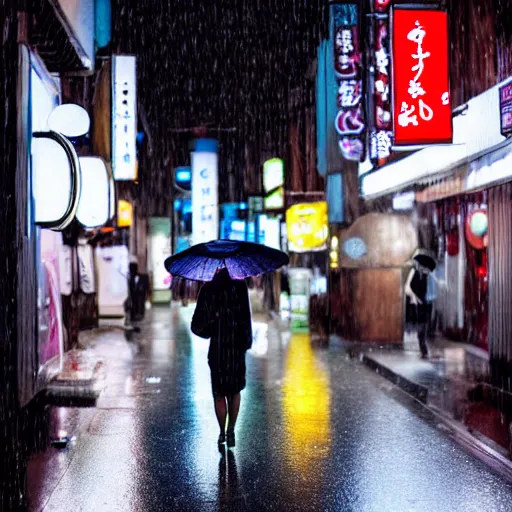 Image similar to japanese girl walking in neon japan at night under heavy rain alongside hundred of white rabbits