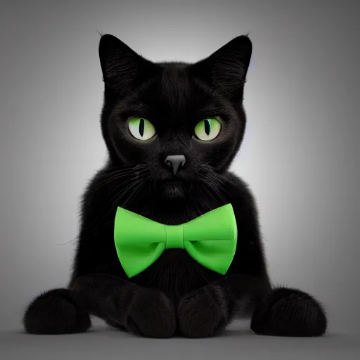 Image similar to cute black cat with white whiskers and green eyes, bowtie, high detail, rendered in octane, pixar style, studio photography