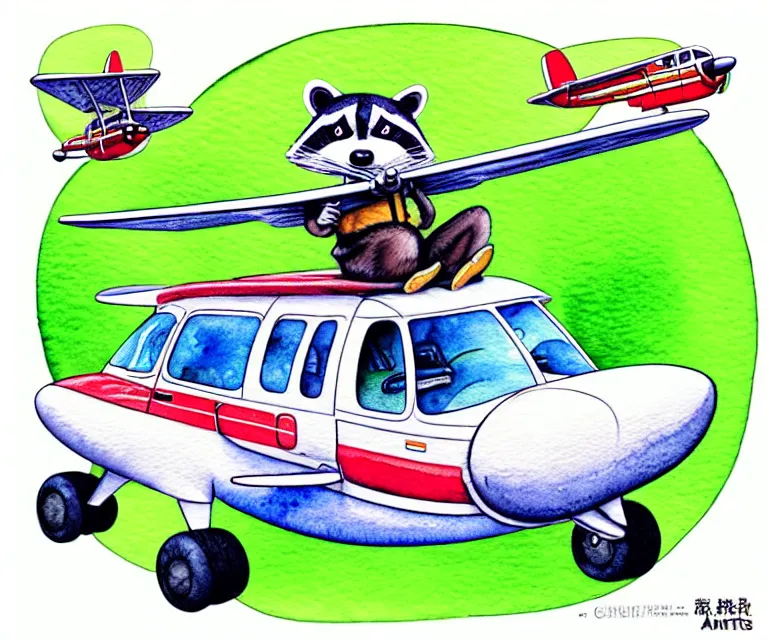 Image similar to cute and funny, racoon riding in a tiny airplane with oversized engines, ratfink style by ed roth, centered award winning watercolor pen illustration, isometric illustration by chihiro iwasaki, edited by range murata, tiny details by artgerm and watercolor girl, symmetrically isometrically centered