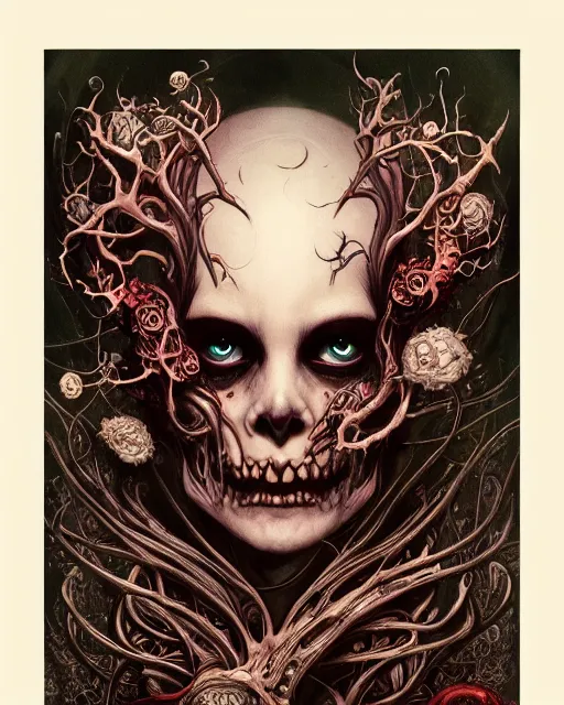 Prompt: perfectly centered portrait front view of a angry dead rotten beautiful female skull growing ornamentation all around, ornate, detailed, symmetrical, elegant, beautifully soft lit, by wayne barlowe, peter mohrbacher, kelly mckernan