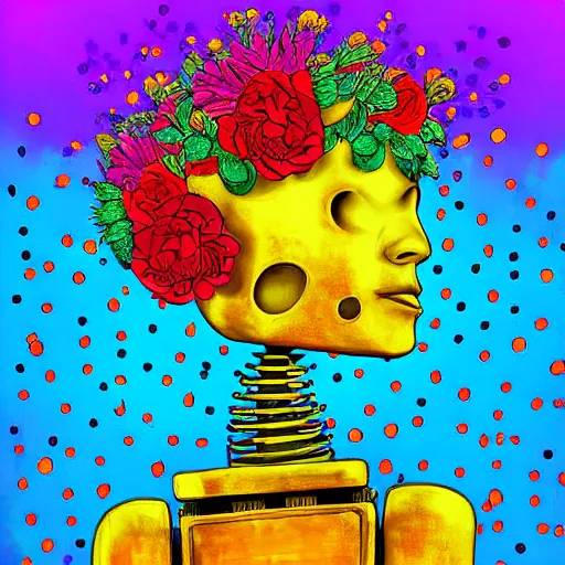 Prompt: a dramatically lit brightly colored detailed painting of a robot with flowers growing out of its head with a rainbow background, digital art