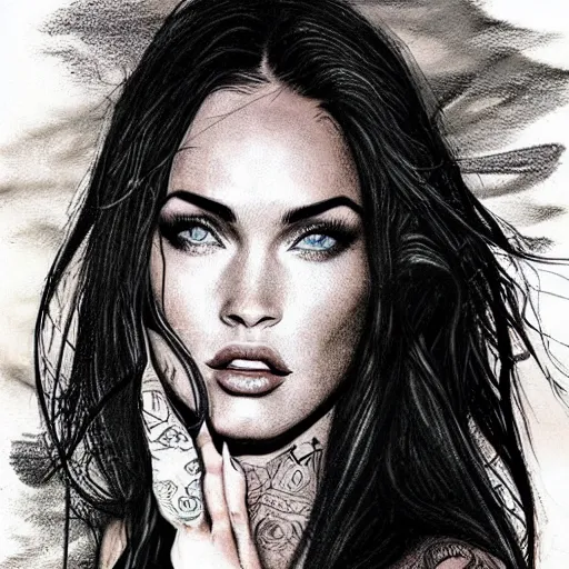 Prompt: realism tattoo sketch of double exposure megan fox, on beautiful mountain scenery faded background, in the style of andrey lukovnikov