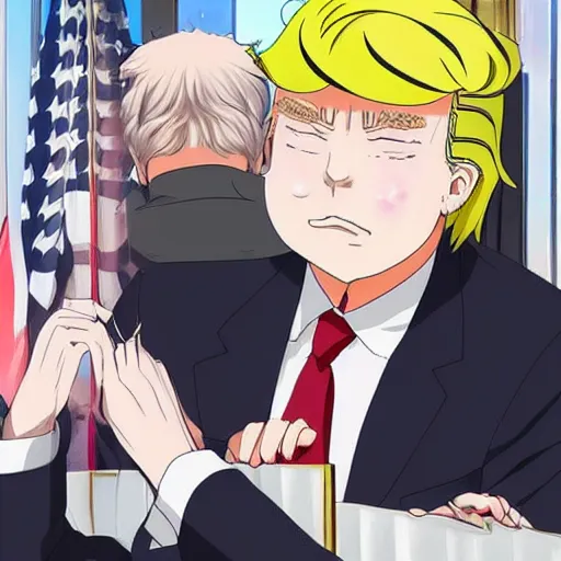 Image similar to An anime version of Donald Trump, cheek blush, shy, uwu, cat ears,