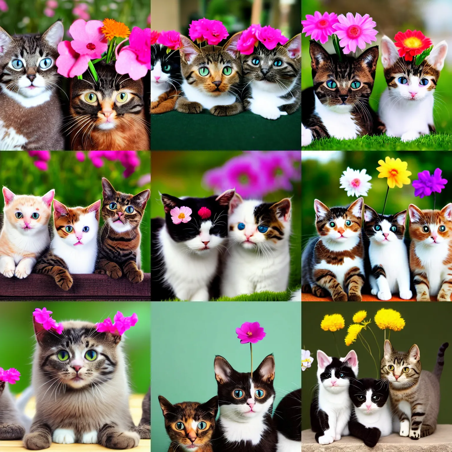Prompt: a photo of three cute cats, each with a small flower on top of its head.