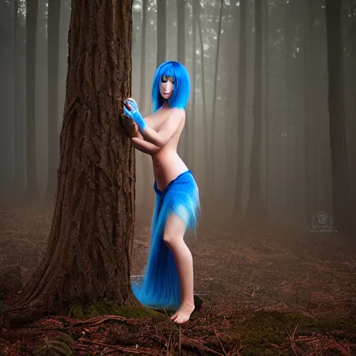 Prompt: beautiful young Asian elf woman with blue hair in a hazy forest at dusk, by Peter Kemp