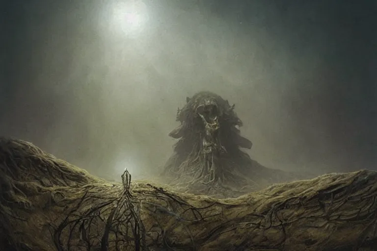 Prompt: amazing concept painting, by Jessica Rossier and HR giger and Beksinski, prophecy, hallucination, the middle of a valley, a golem of bones, it was full of bones, bones that were very dry, there was a noise, a rattling sound, and the bones came together, bone to bone , I looked, and tendons and flesh appeared on them and skin covered them, but there was no breath in them and breath entered them, they came to life and stood up on their feet a vast army