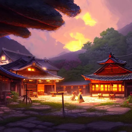 Image similar to concept art painting of a tavern with european and japanese architecture, in a small medieval village surrounded by trees, in a mountain valley, evening, sunset lightning, realistic, highly detailed, cel shaded, in the style of makoto shinkai and greg rutkowski and james gurney