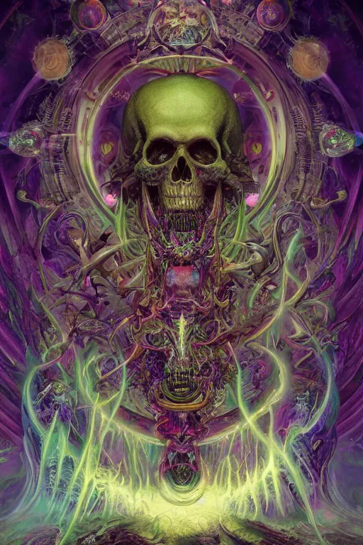 Image similar to gigantic psychedelic demonic cosmic skull of death, outer space, fantasy painting, ultra realistic, dmt, symmetrical, wide angle, intricate details, digital painting, rainbowshift, vivid colors, highly detailed by peter mohrbacher, h. r. giger, maxfield parrish, alphonse mucha, craig mullins, octane render, cgi