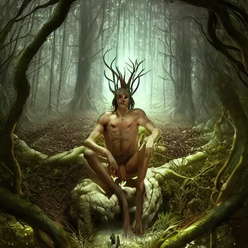 Image similar to a satyr sitting on a throne in an ominous forest by bastien lecouffe - deharme, ken kelly, artgerm and karol bak, unreal engine, dynamic lighting, fog, glowing eyes, illustration, vines, thorns, god rays, mysterious