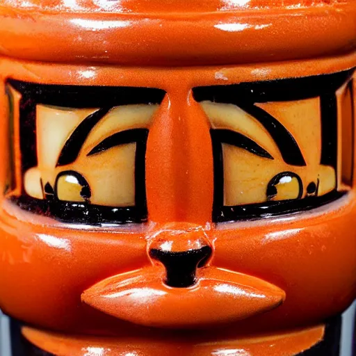 Image similar to a closeup photorealistic photograph of a glossy orange cat garfield style tiki mug sitting at a trader vic's bar featuring garfield's face. tiki party. bright scene. fine detail. this 4 k hd image is trending on artstation, featured on behance, well - rendered, extra crisp, features intricate detail, epic composition and the style of unreal engine.