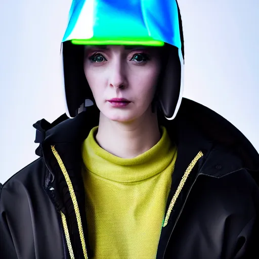 Image similar to an ultra high definition professional studio quality photograph of an artificially intelligent cyberpunk art influencer wearing a transparent iridescent pastel coloured face visor and matching raincoat on white coat hook in a sheer icelandic black rock environment. dramatic lighting. volumetric shadows. light rays