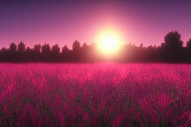 Image similar to a field of colorful weeds, cinematic, pink dawn, backlit, lensflare, octane render, artstation