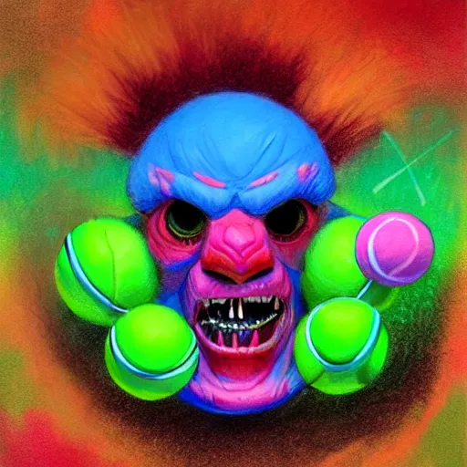 Image similar to a tennis ball monsters, colorful, digital art, fantasy, magic, chalk, trending on artstation, ultra detailed, professional illustration by basil gogos