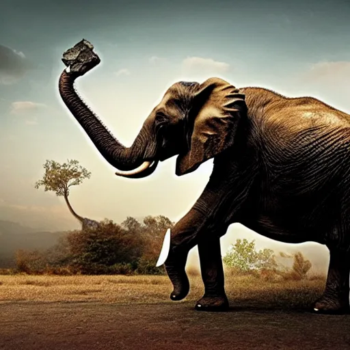 Image similar to an elephant falling apart and crumbling to dust to the air, photorealistic