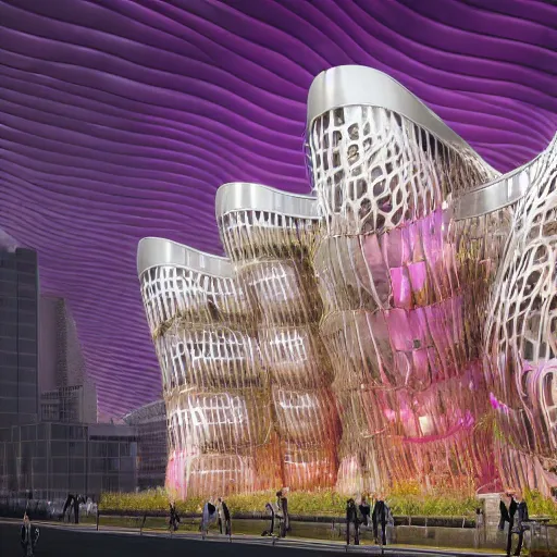 Prompt: metallic building eco - friendly city designed by zaha hadid and iris van herpen with gleaming pink walls and dripping with vines, glowing led trim and windows and bands of gold, extremely lush landscape and florals, foggy atmospheric building rendered in blender with ray tracing