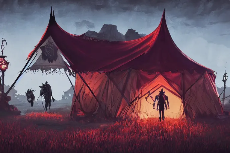 Image similar to digital illustration of a dark fantasy gothic circus tent, artstaton, League of Legends, red dead redemption2, overwatch