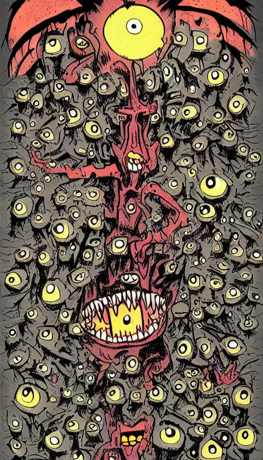 Image similar to a storm vortex made of many demonic eyes and teeth, by jhonen vasquez