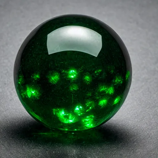 Prompt: glowing green emerald crystal ball, in the pitch black