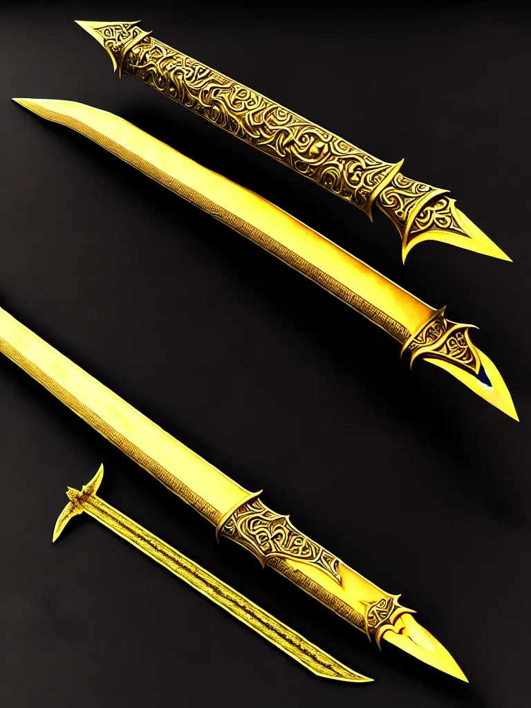 Prompt: ornate magic long sword, proportional image, clean background, 3 d octane render, blade, sharp, gold, gems, cryptoblades