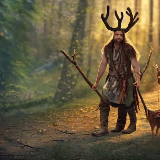 Image similar to hippie tribal hobo wearing twigs and leaves smiling sheepishly, riding tiny scuffy donkey with novelty oversized antlers, autumn forest, highly detailed, dramatic lighting, night time, cinematic, hyperrealistic, detailed, movie still from game of thrones