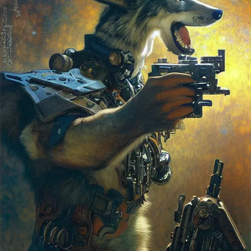 Image similar to portrait of a wolf in uniform as a captain. shadowrun furaffiniy cyberpunk fantasy highly detailed painting by gaston bussiere craig mullins jc leyendecker gustav klimt artgerm greg rutkowski john berkey, bergey, craig mullins, ruan jia, raymond swanland, jeremy mann, tom lovell, alex malveda