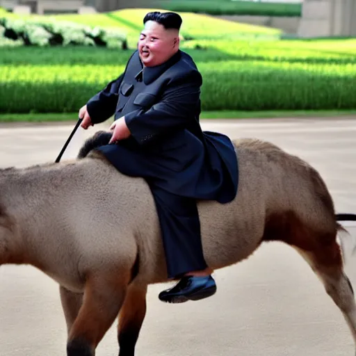 Prompt: kim jong un is riding a donkey