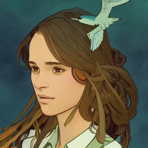 Image similar to Alicia Vikander as a teenager birdwatching, highly detailed, artstation, digital illustration, concept art, by Kyoto Animation and Studio Ghibli, by Ilya Kuvshinov and Alphonse Mucha