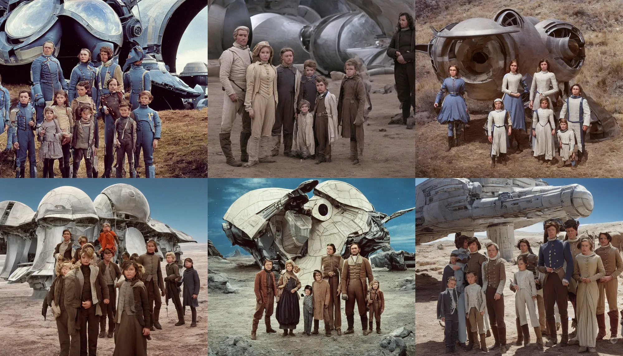 Prompt: highly detailed, 256435456k film, 4838400mm film still from a sci fi blockbuster color movie made in 2019, set in 1860, of a family standing in front of a spaceship that has just landed on an alien planet, the family are all wearing 1860s era clothes, good lighting, good photography, ultra high definition