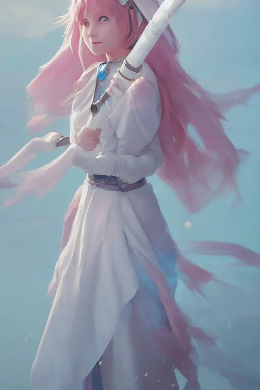 Image similar to portrait of a cute white mage girl with a staff in mage armor, soft, pink and blue, by tom bagshaw and atey ghailan and artgerm and and greg rutkowski, hyper realistic, octane render, trending on artstation