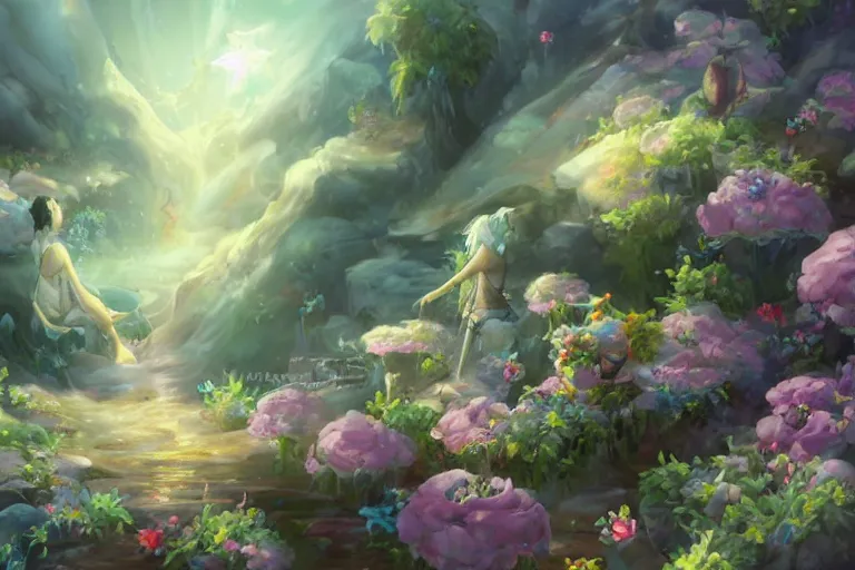Image similar to scenes, dynamic composition, motion, ultra - detailed, incredibly detailed, a lot of details, amazing fine details and brush strokes, colorful and grayish palette, smooth, hd semirealistic anime cg concept art digital painting, watercolor oil painting of sea of flowers, in style of cytus and deemo, blue flame, relaxing, calm and mysterious vibes