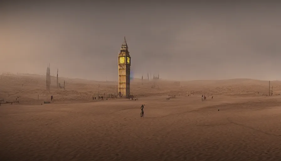 Image similar to london's big ben in mad max, tons of sand, sandstorm, sand dunes, hyperdetailed, artstation, cgsociety, 8 k