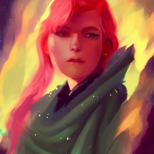 Prompt: a nonbinary changeling with a cloak of stars, aurora colored hair, curious expression, character art, trending on artstation, artgerm, 4k ultra hd, sharp focus, digital art by Ilya Kuvshinov and Ross Tran,