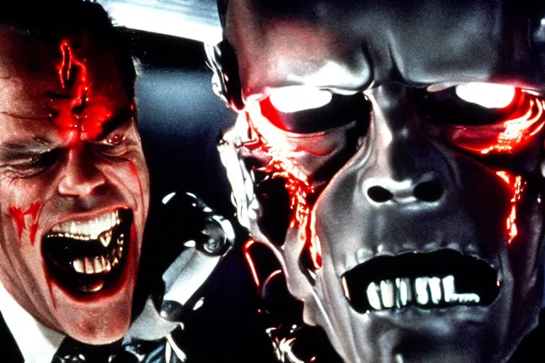 Image similar to Jack Nicholson plays Terminator, his one yes glow red, scene where his endoskeleton is exposed, still from the film