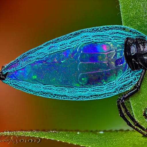 Prompt: macrophotography of iridiscent azaela lace bug